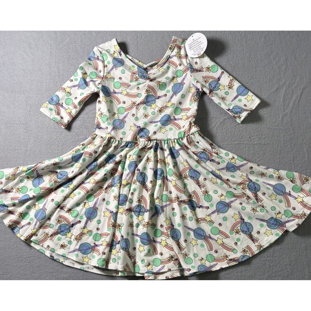 Dot Dot Smile Girls 3/4 Twirl Dress Rainbow Space Planet Print NWT Boutique